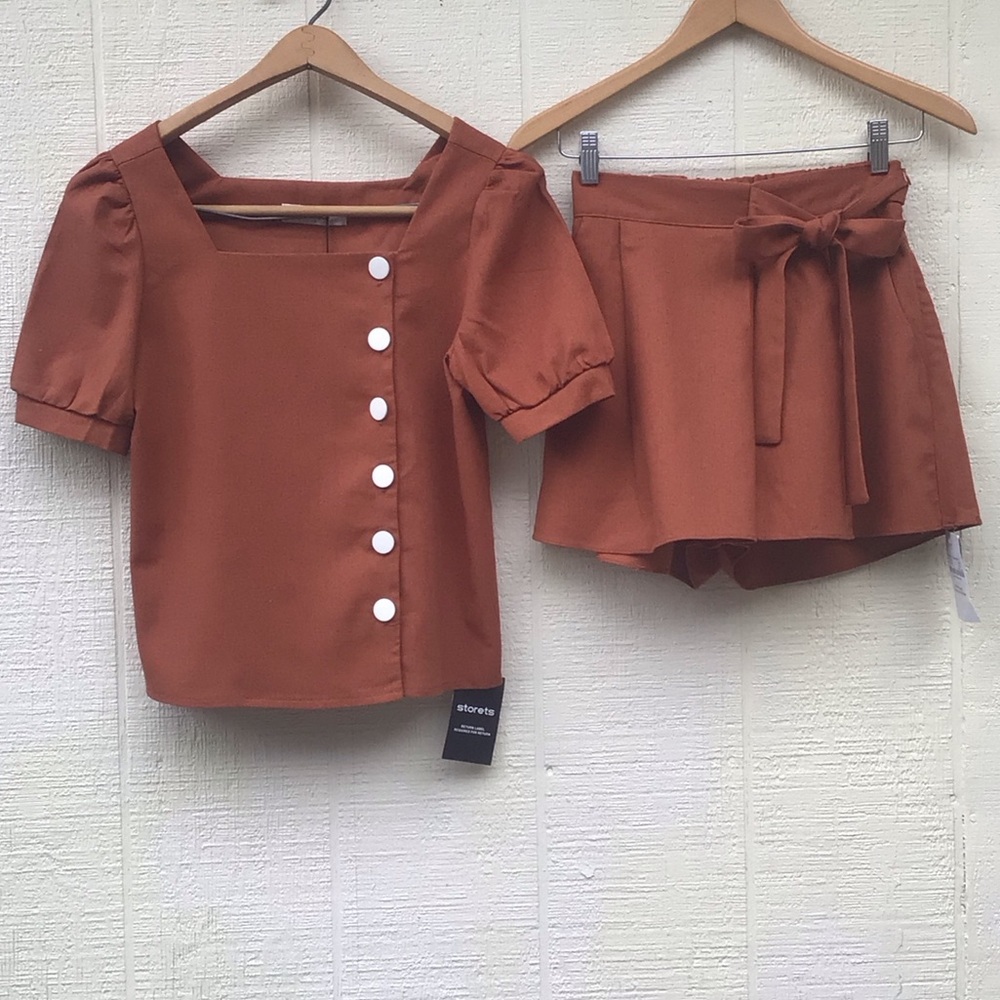Storets Ariel side button blouse and Melodie bow tie skort brown rust orange